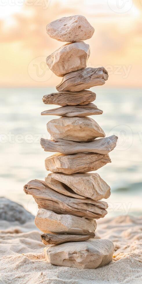 Balanced stones create a serene beach display photo
