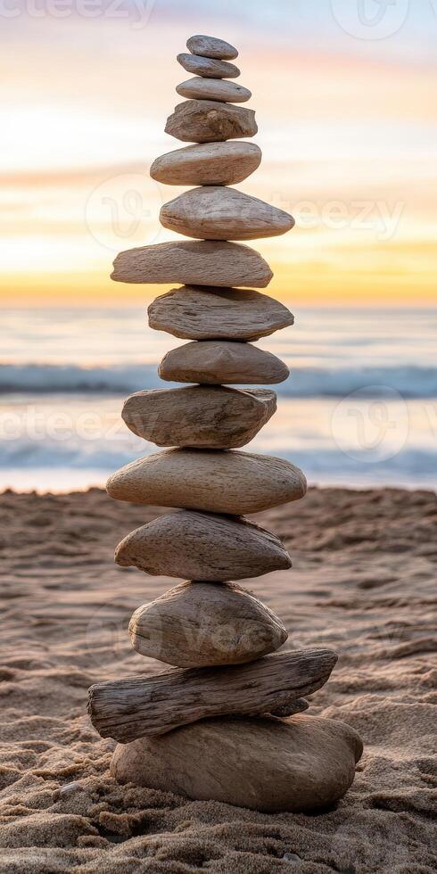 Balanced stones create art by the beach photo