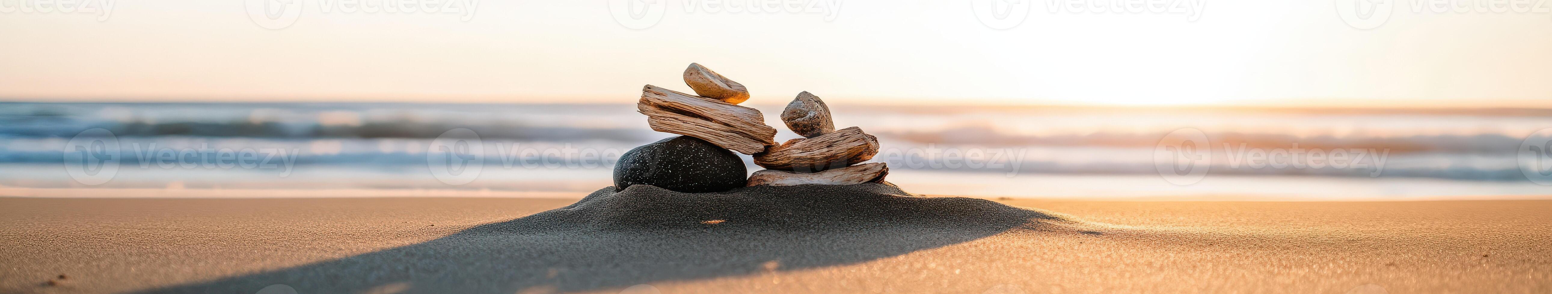 Stacked stones at beach during sunset photo