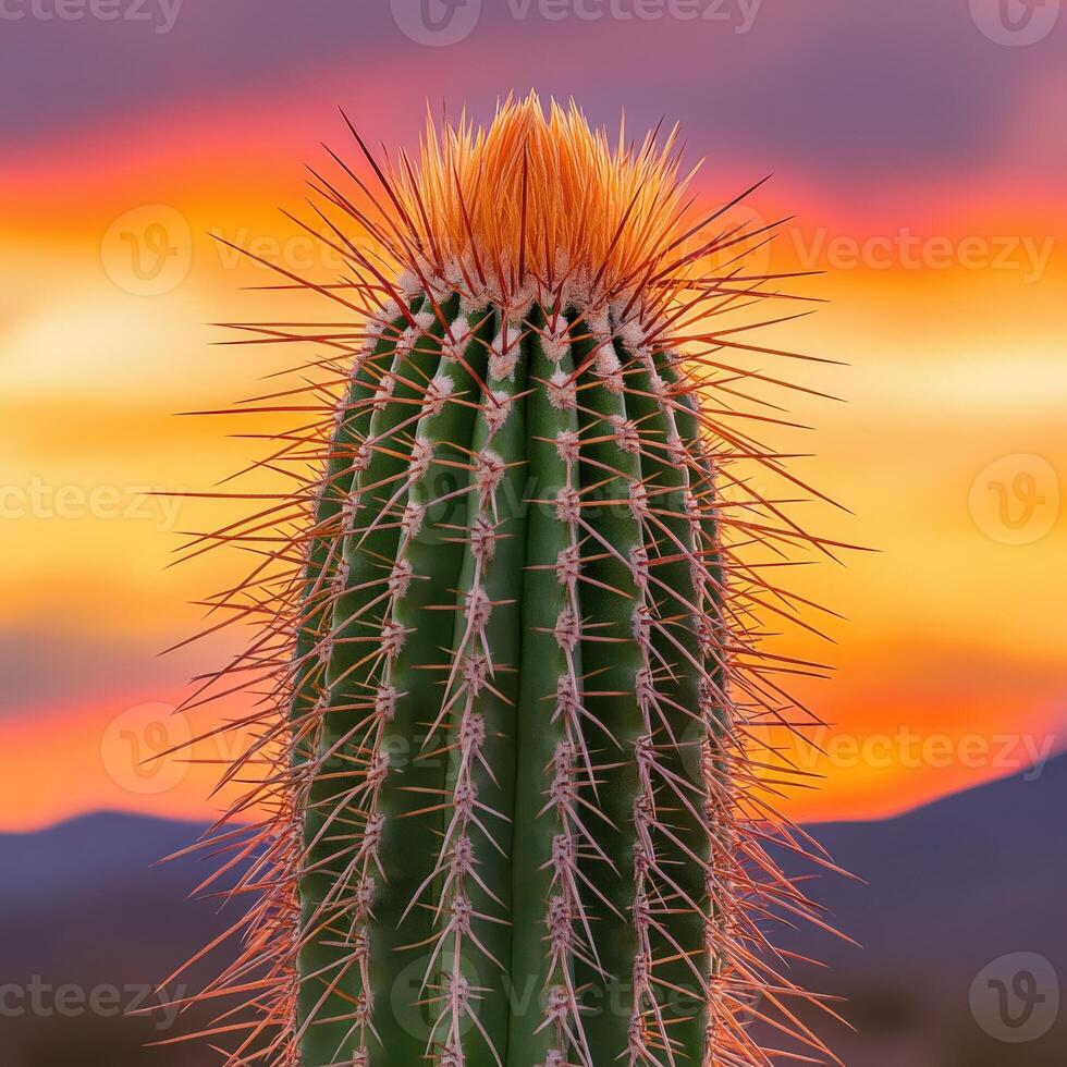 Cactus silhouette against vibrant sunset sky photo