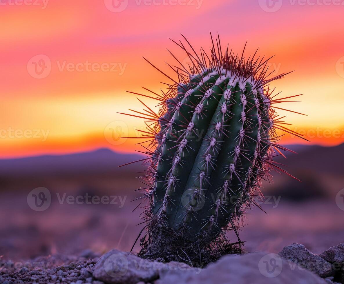 A cactus plant in the desert at sunset photo