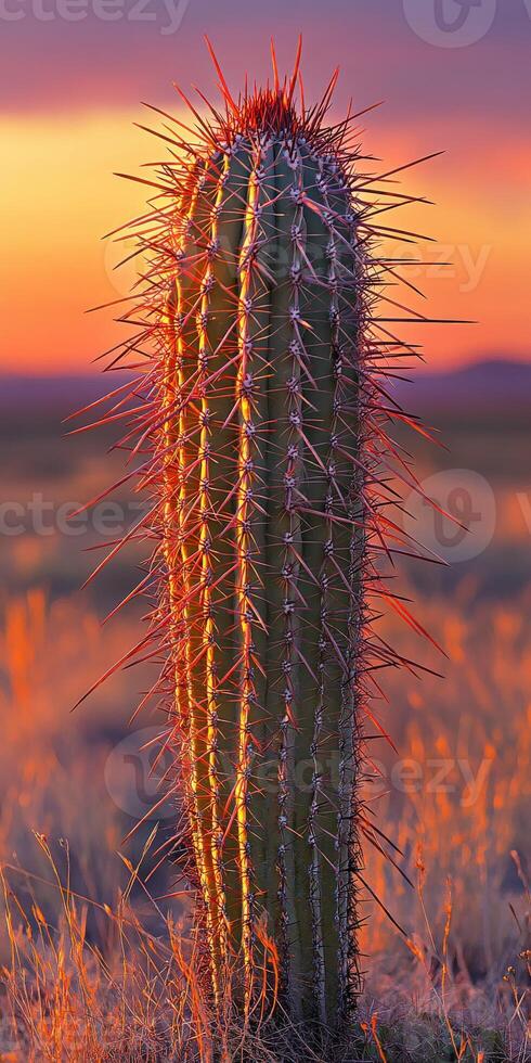 Sunset glow on a tall cactus in desert photo