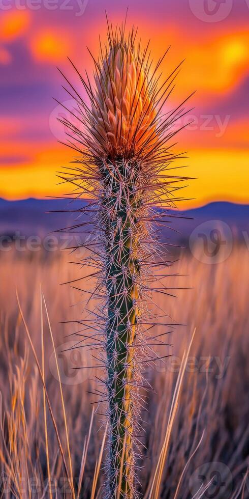 Beautiful cactus stands tall at sunset photo