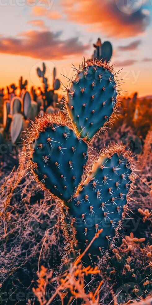A cactus plant with a sunset in the background photo