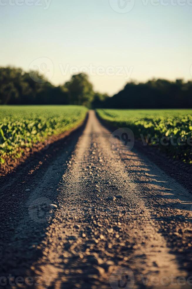 Dirt road through a green farming landscape photo