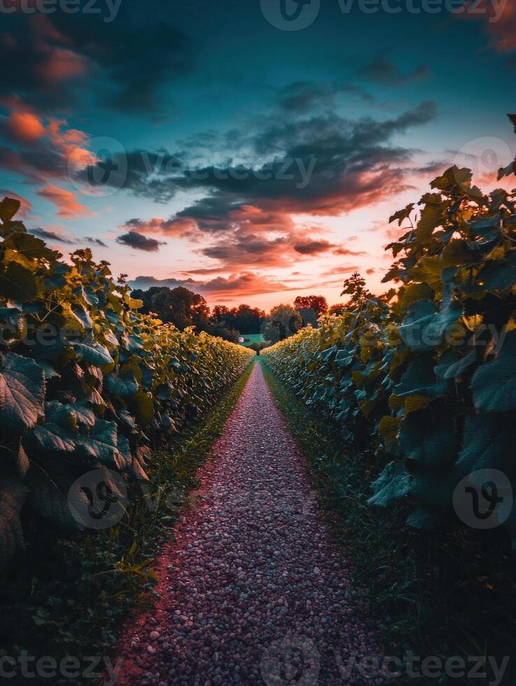 Scenic path through vineyards at sunset photo