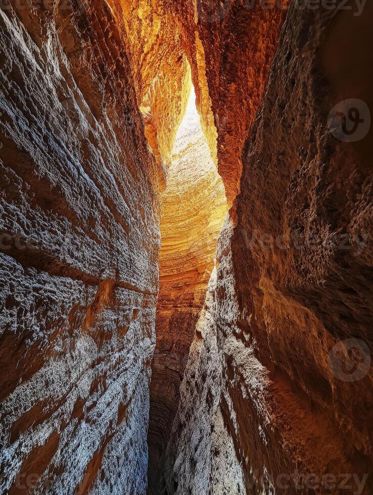 A narrow canyon with a light coming through it photo