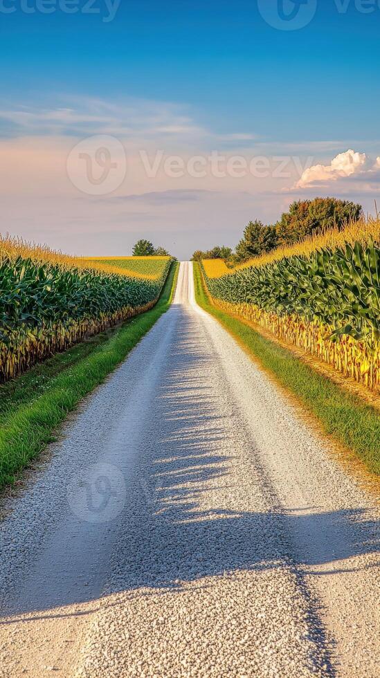 A gravel road with a corn field in the background photo