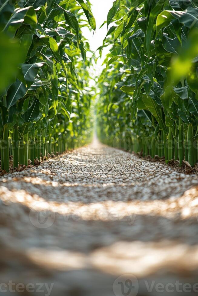 Corn field with rows of green plants photo