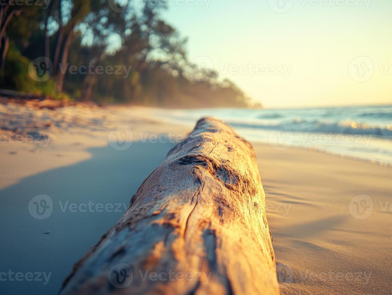 A log on the beach at sunset photo