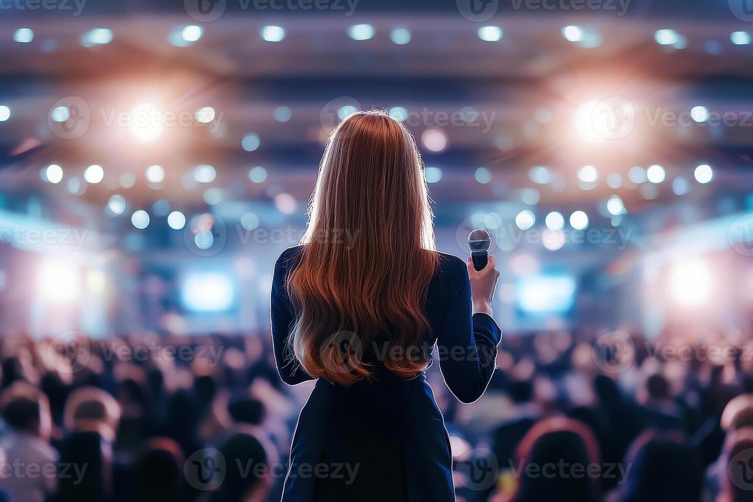 A woman is standing in front of a crowd at a conference photo