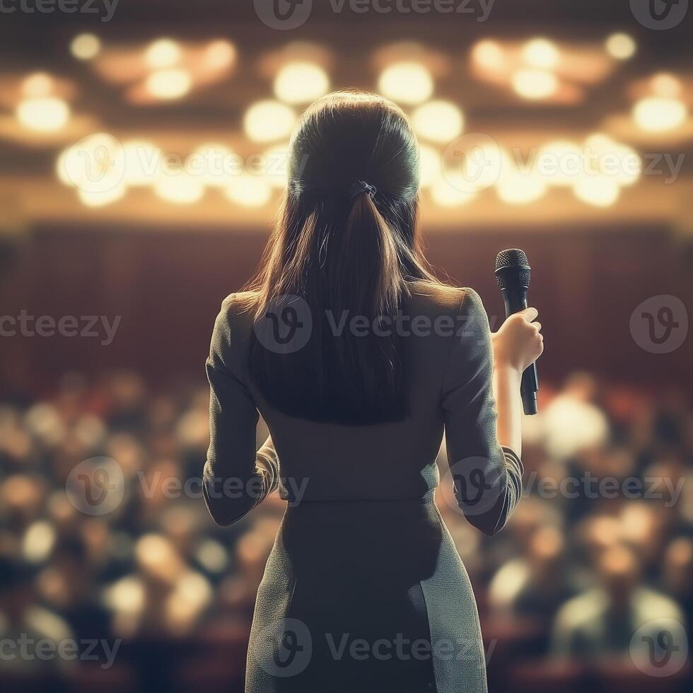 Woman speaking into microphone in front of audience photo