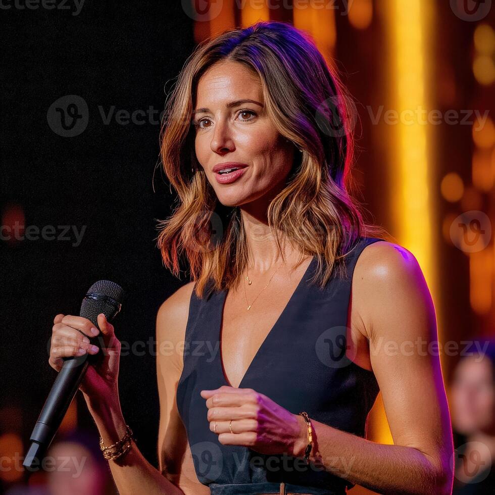 A woman in a black dress is holding a microphone photo