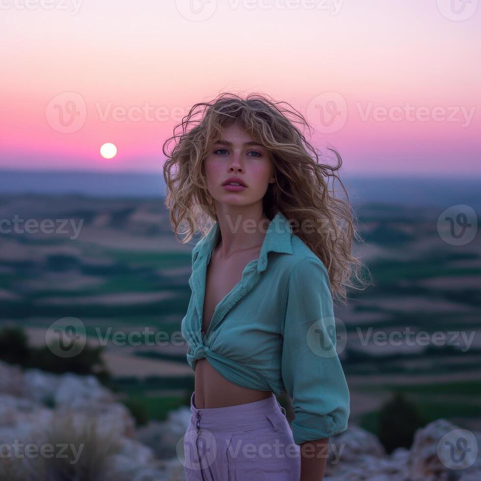 A beautiful blonde woman standing on a hill with the sun setting behind her photo