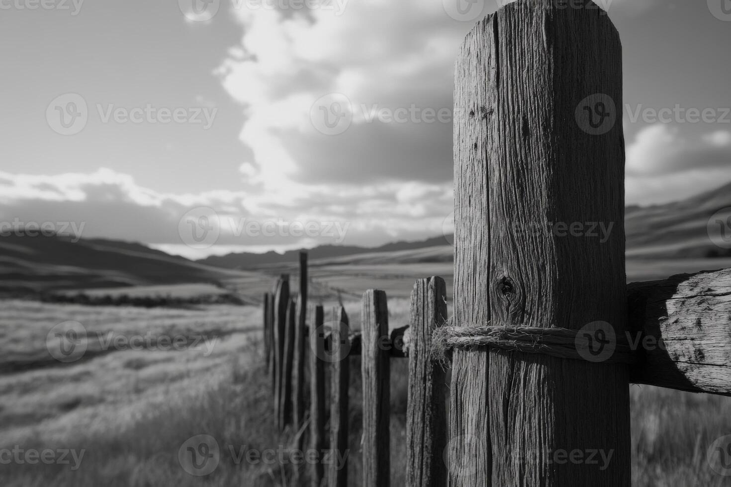 A black and white photo of a fence in the middle of a field