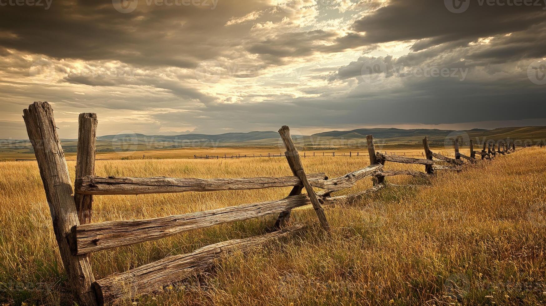 A wooden fence in a field with a stormy sky photo