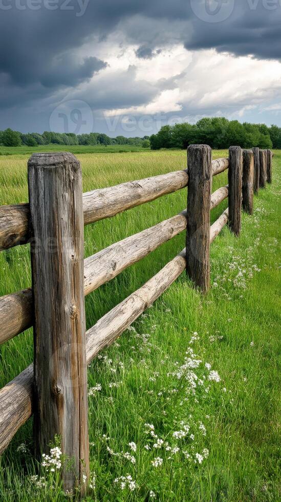 A wooden fence in a field with grass and flowers photo