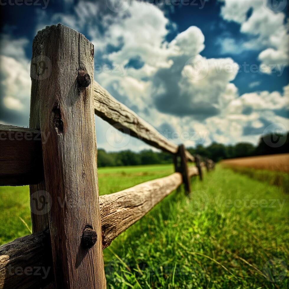 A wooden fence in a field with a sky background photo