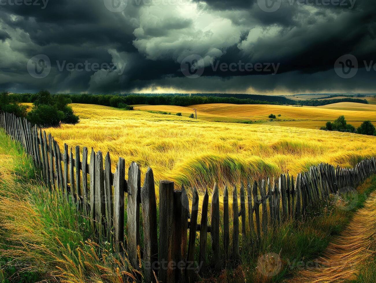 A field with a wooden fence and storm clouds photo
