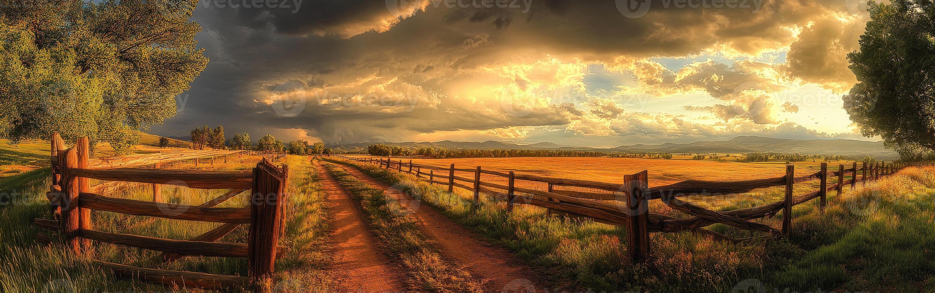 A dirt road leads to a field with a fence photo