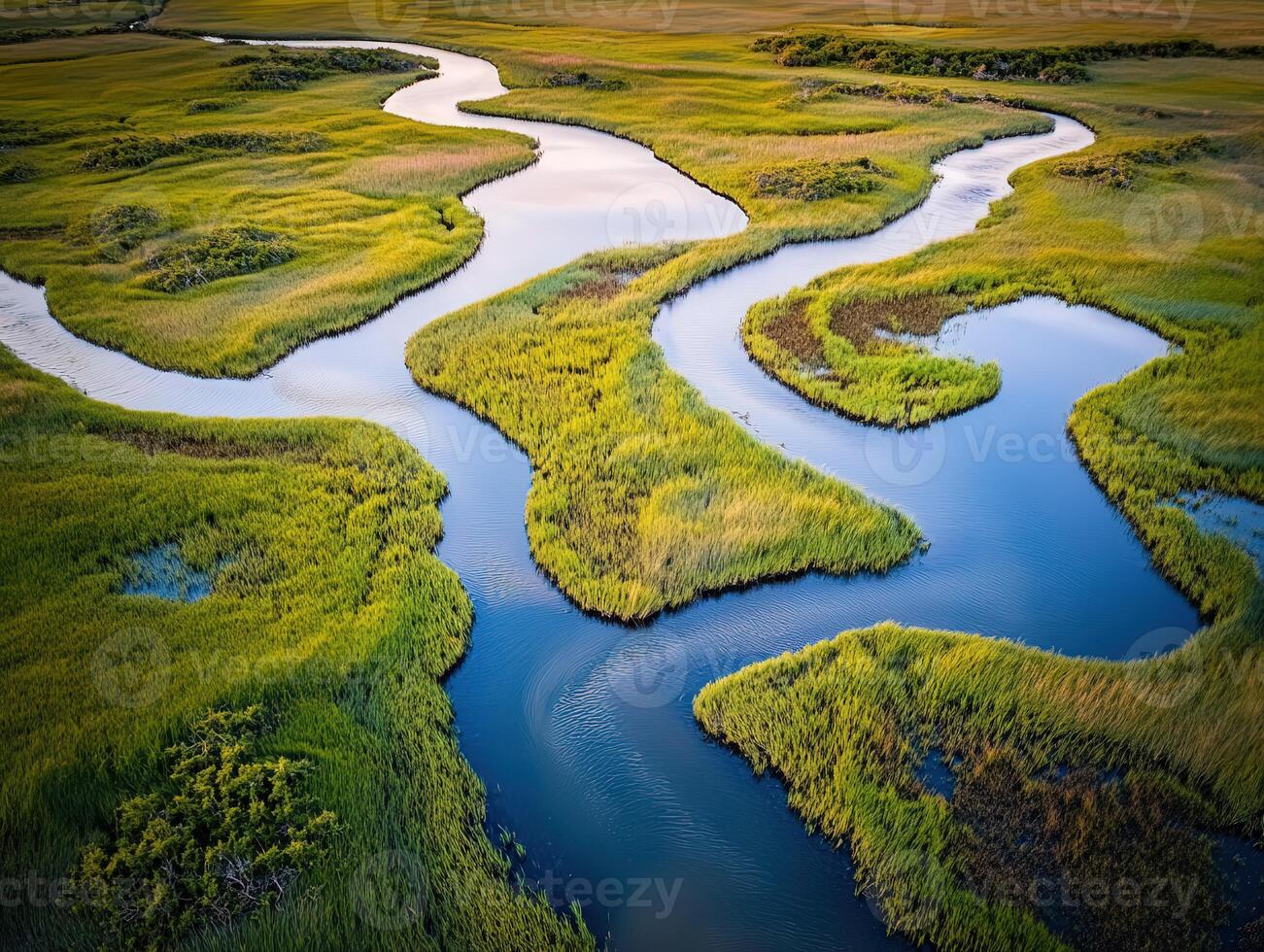 An aerial view of a marshy area with water flowing through it photo