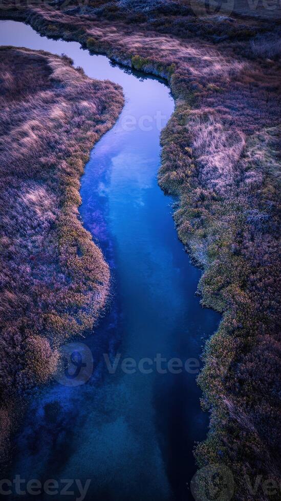 An aerial view of a river flowing through a grassy field photo