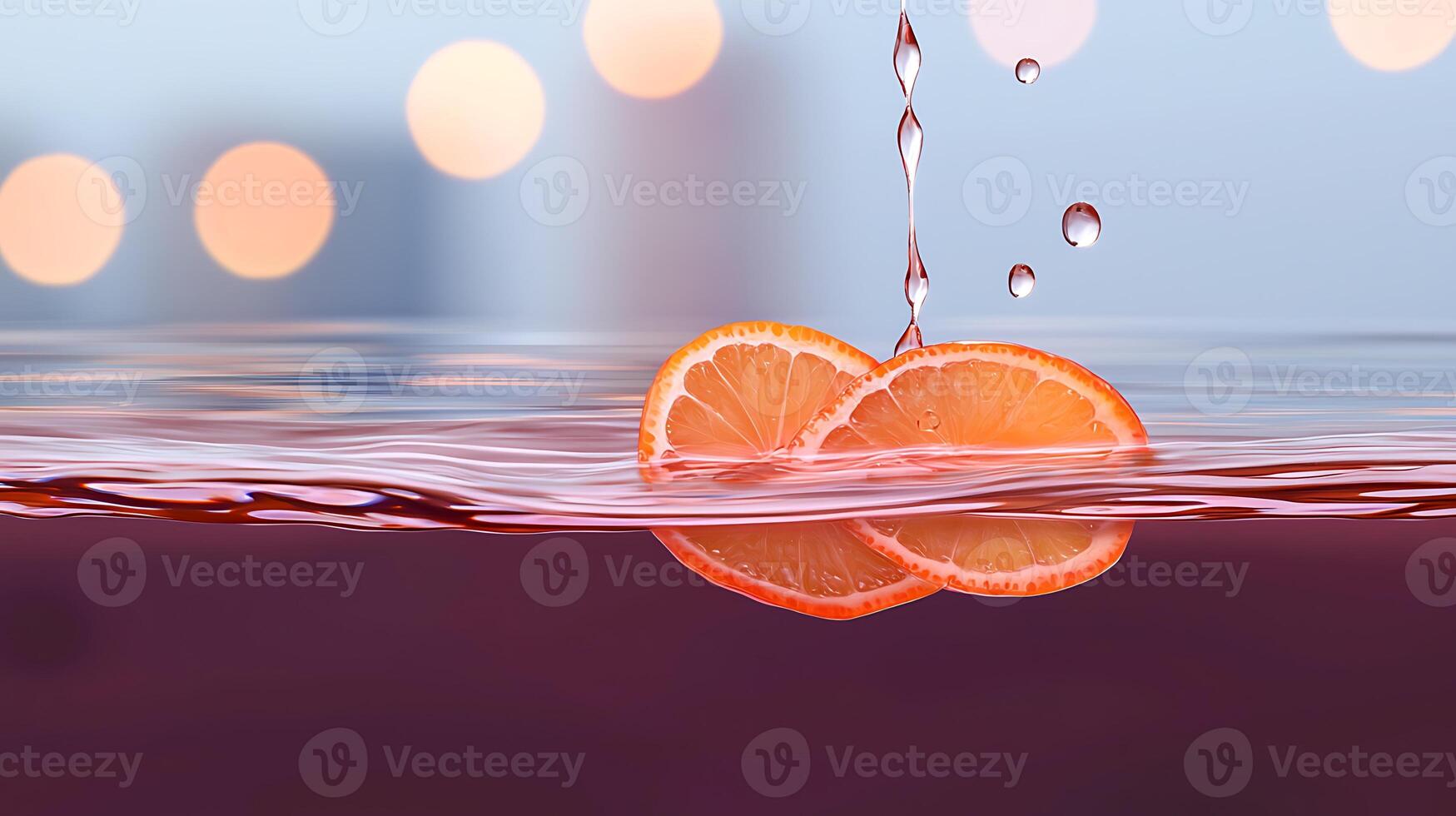 Fresh orange slices splashing into vibrant liquid, with soft bokeh background creating a lively atmosphere photo