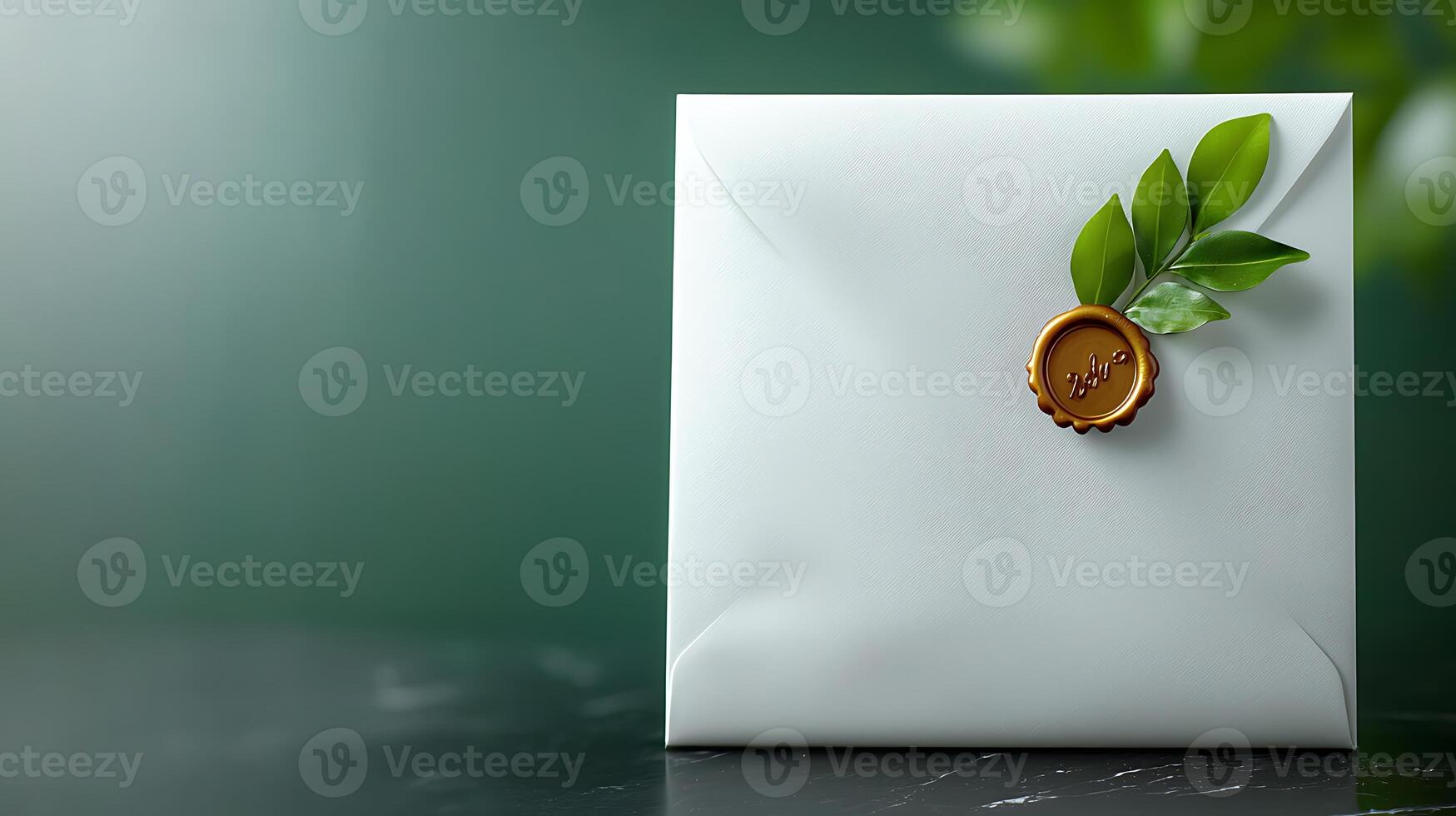 Elegant white envelope with a wax seal and green leaves on a dark surface, creating a serene atmosphere photo