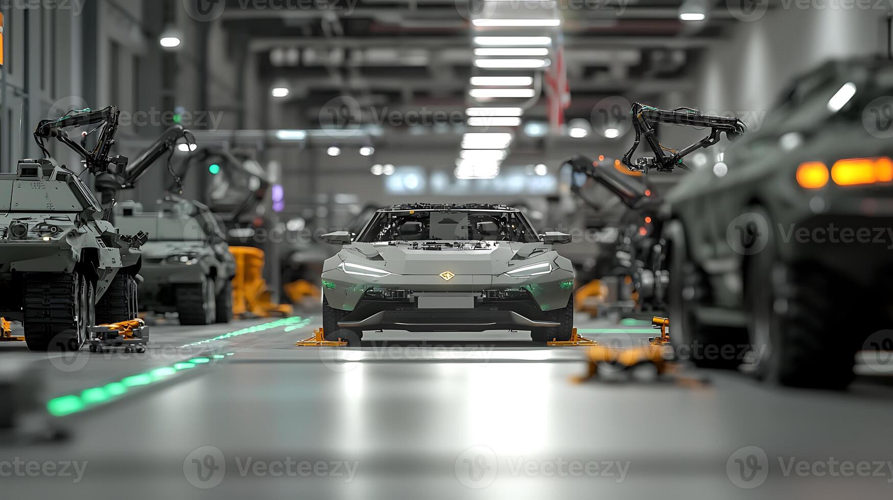 Futuristic automotive assembly line showcasing advanced robotic arms and military vehicles in production photo
