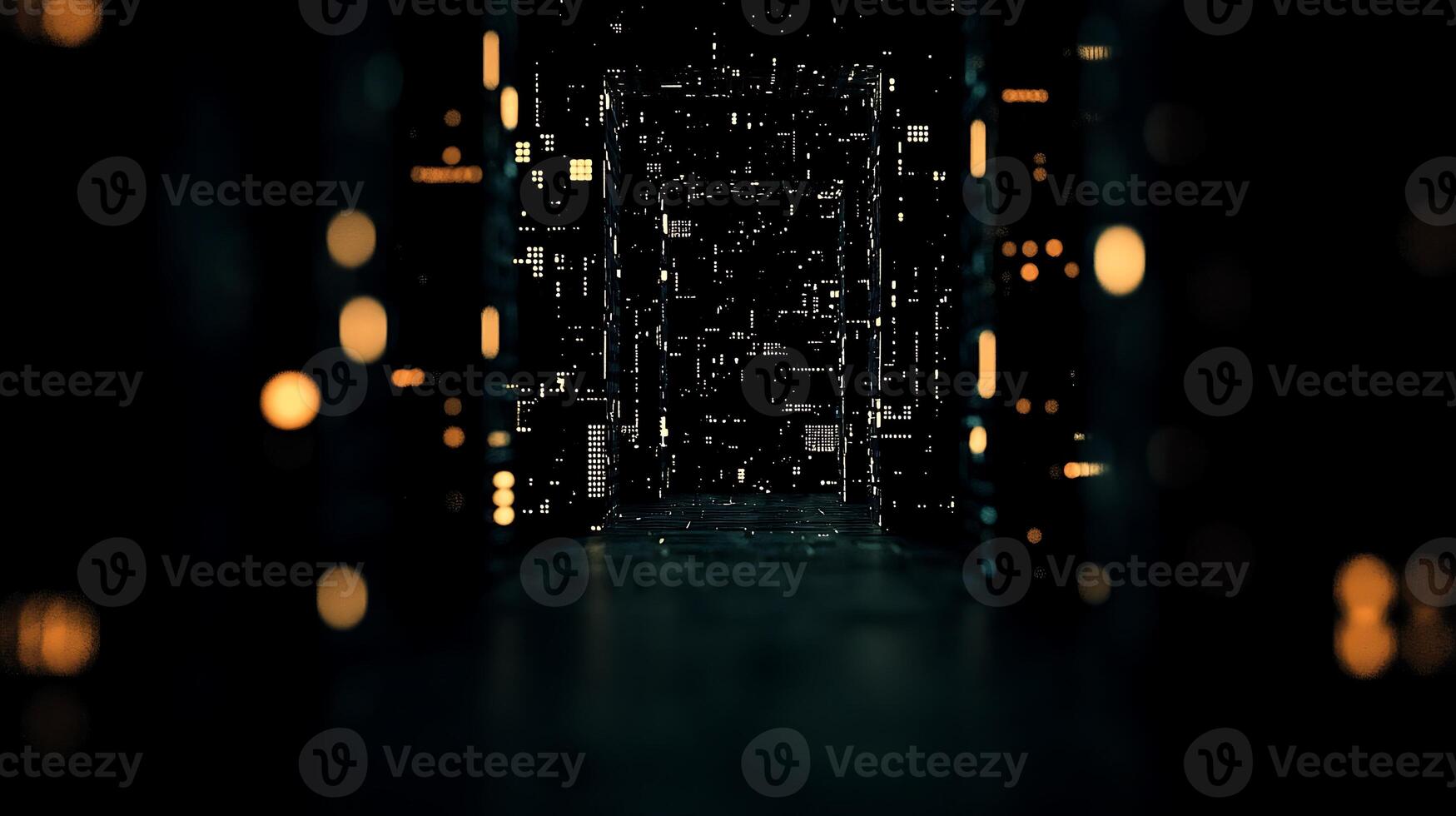 Futuristic corridor filled with glowing lights and digital structures, evoking a sci-fi ambiance photo