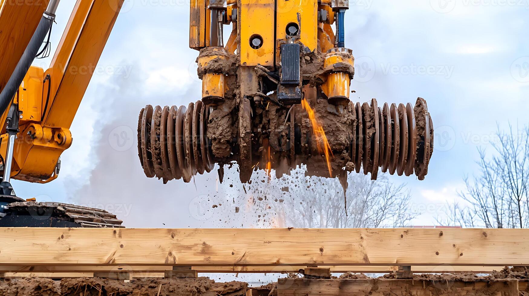 Excavator digging into the ground, releasing debris, with cloudy sky in the background photo