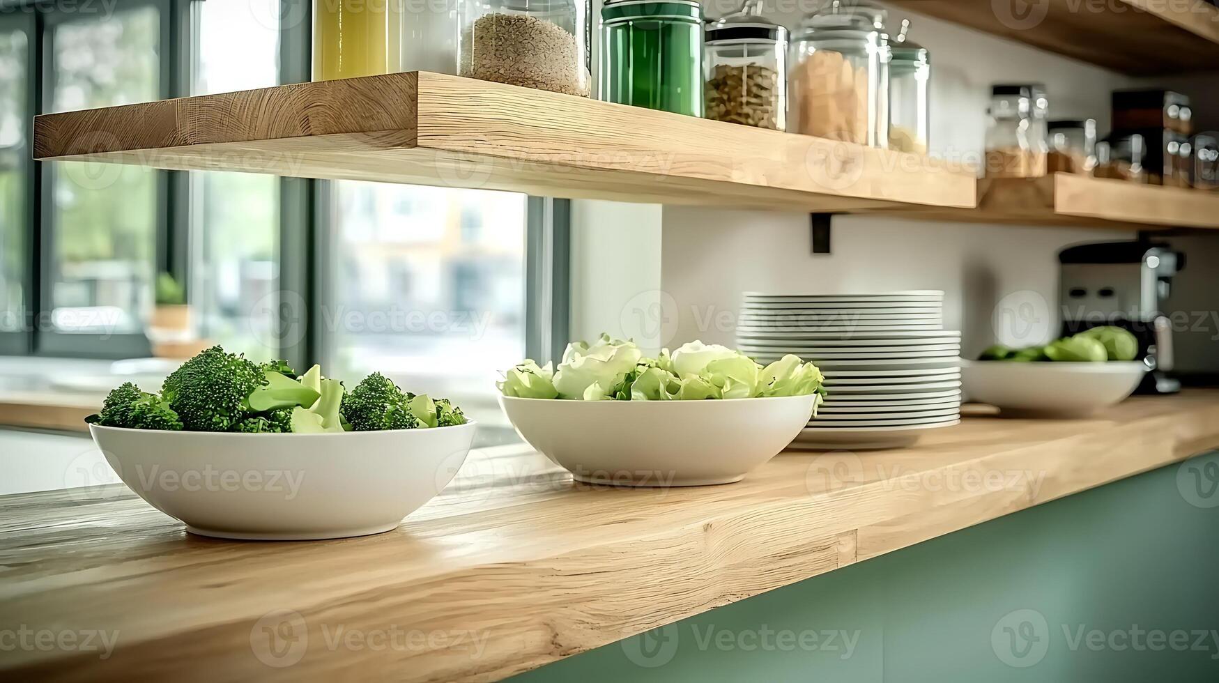 Fresh vegetables displayed on a wooden kitchen shelf, highlighting healthy eating in a modern home photo