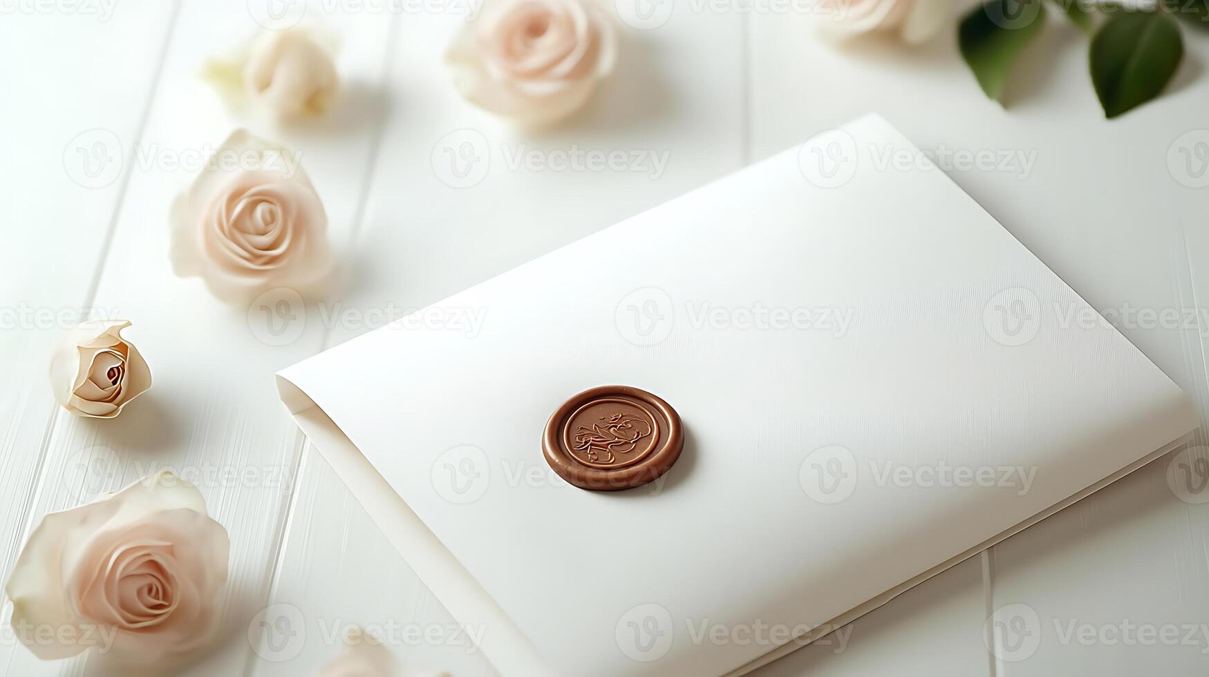 Elegant white envelope with a wax seal surrounded by soft pink roses on a light background photo