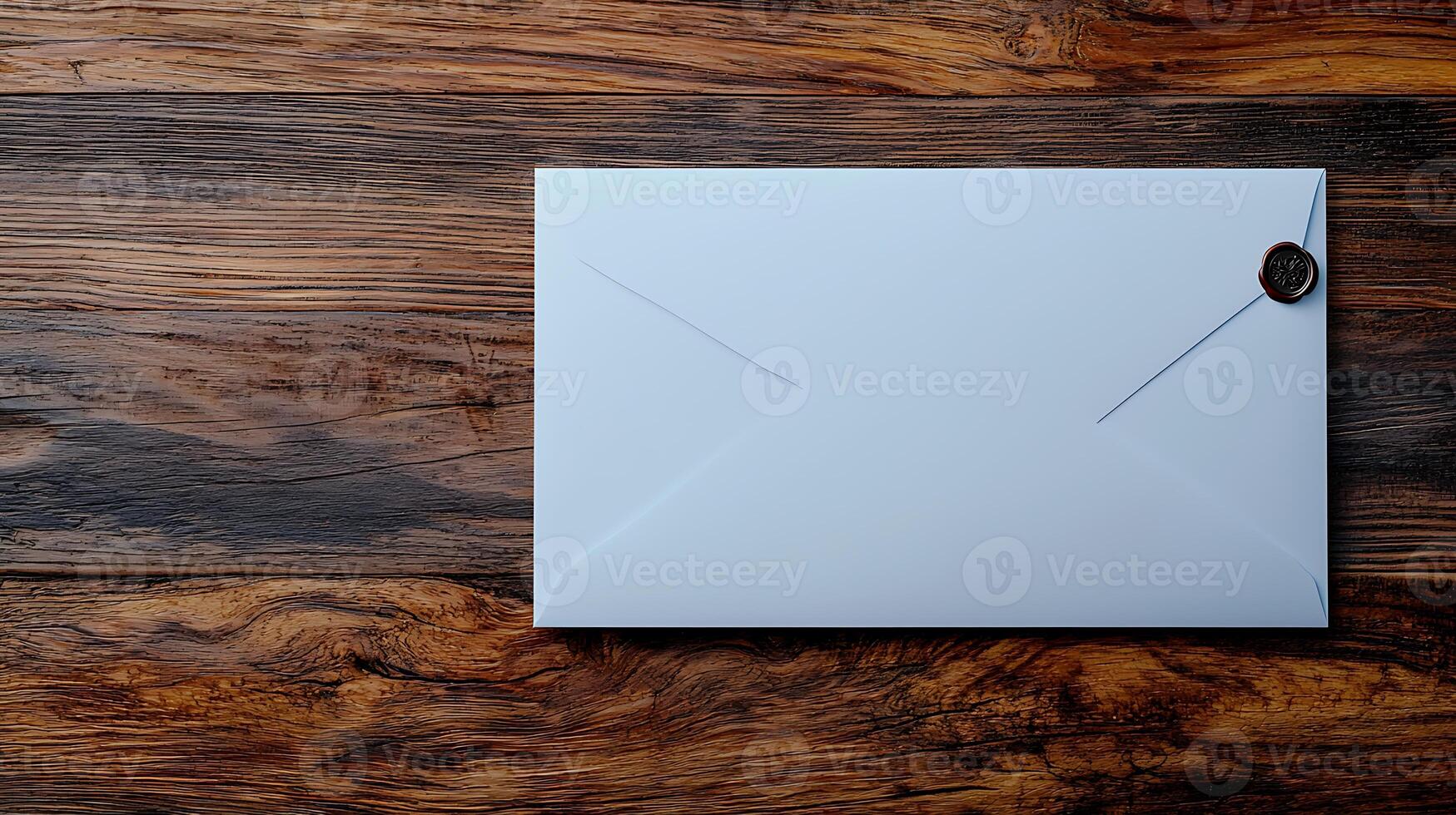 Elegant white envelope sealed with wax on a rustic wooden table, conveying a sense of anticipation photo