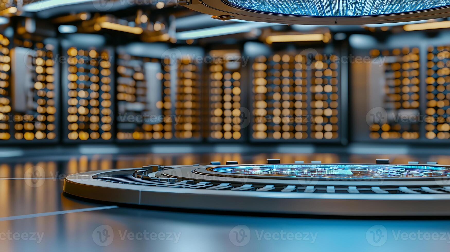 Futuristic control room with illuminated panels and a circular interface in a sci-fi setting photo
