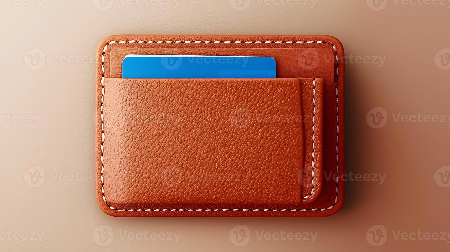 Close-up of a stylish brown leather wallet with a blue card partially visible, set against a soft gradient background photo