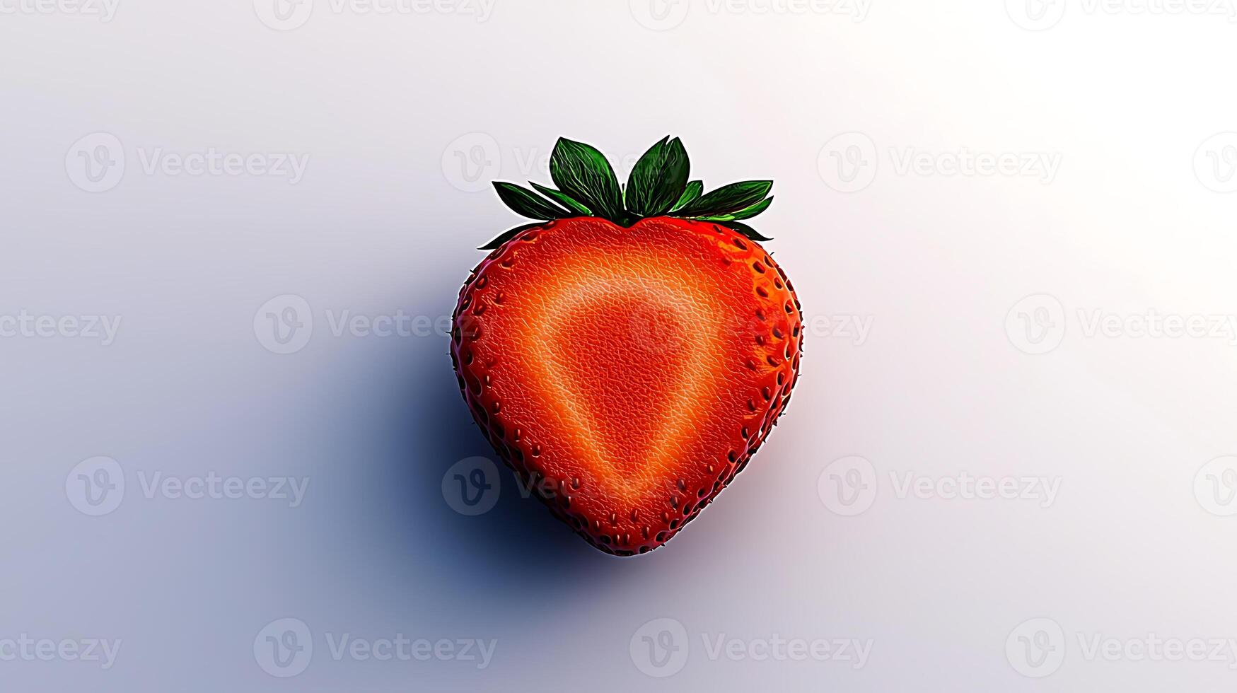 A vibrant, freshly cut strawberry showcasing its juicy interior against a clean background photo