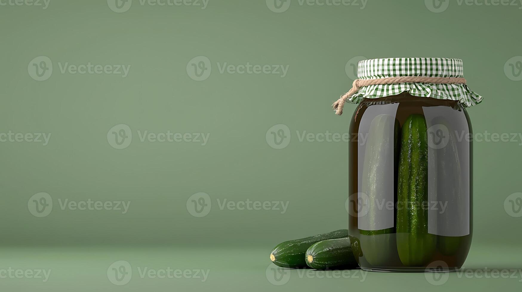 A glass jar filled with pickled cucumbers on a muted green background, showcasing freshness photo