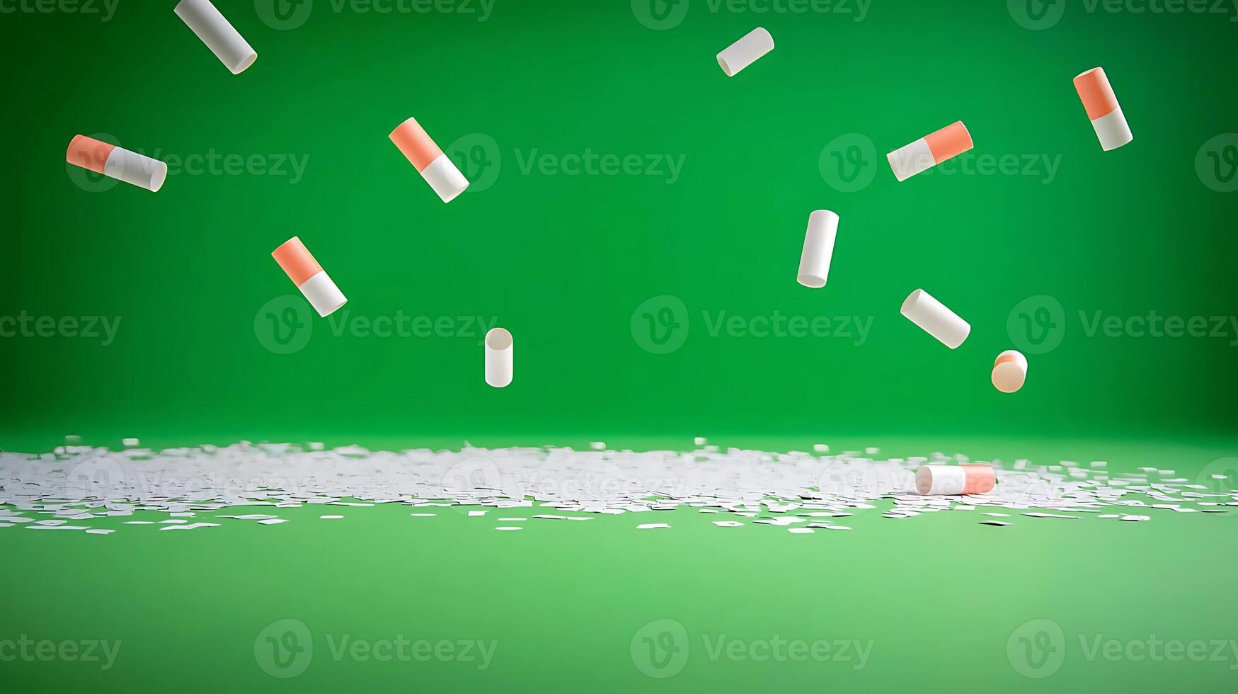 Colorful capsules and tablets falling onto a vibrant green background, creating a dynamic scene photo