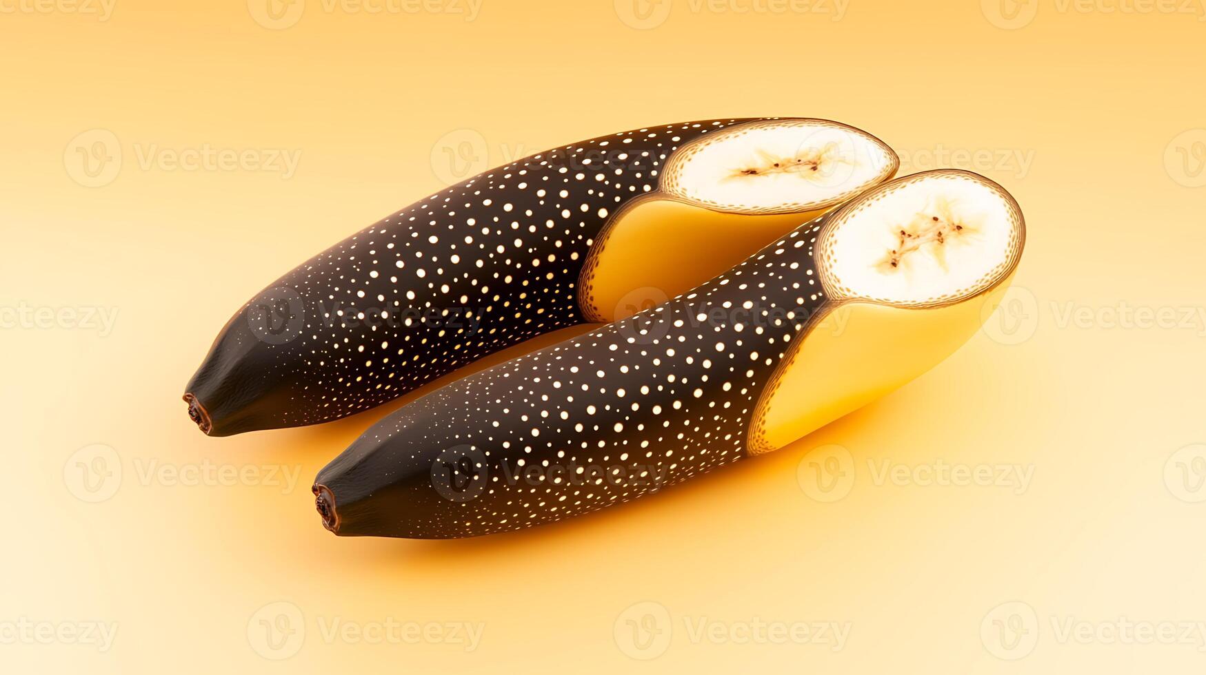 Unique artistic representation of bananas split in half, showcasing vibrant colors and textures photo