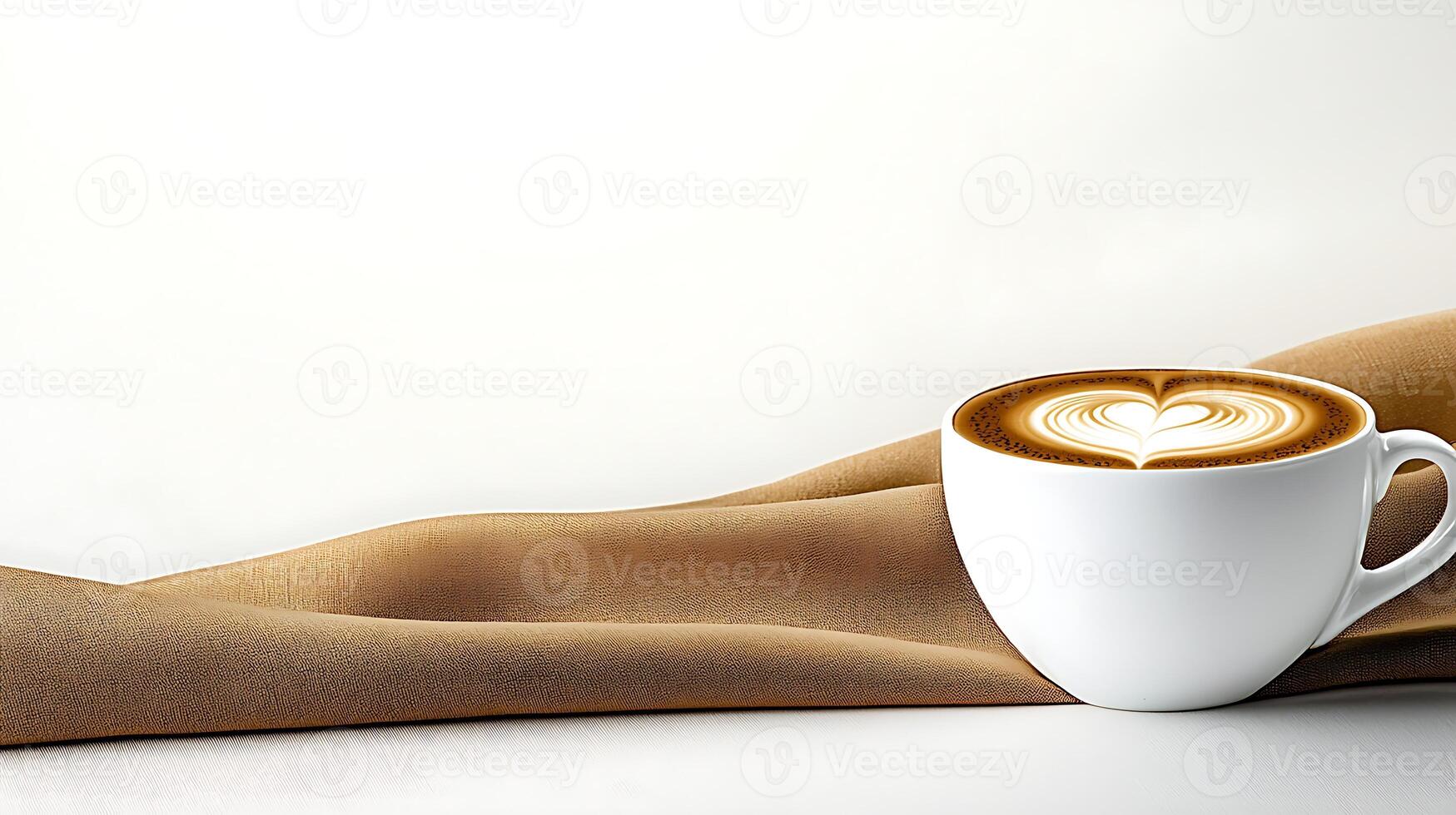 A beautifully crafted latte art in a white cup resting on a smooth, beige fabric surface photo