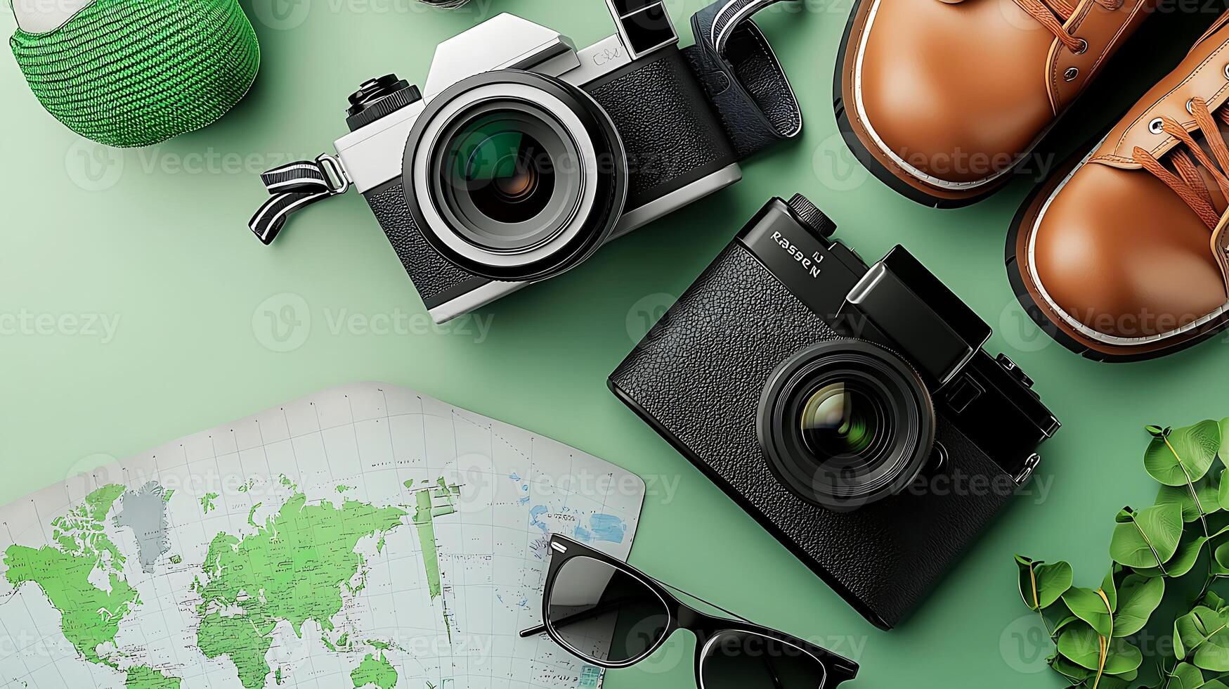 Two vintage cameras and stylish shoes on a green background with a world map and sunglasses photo