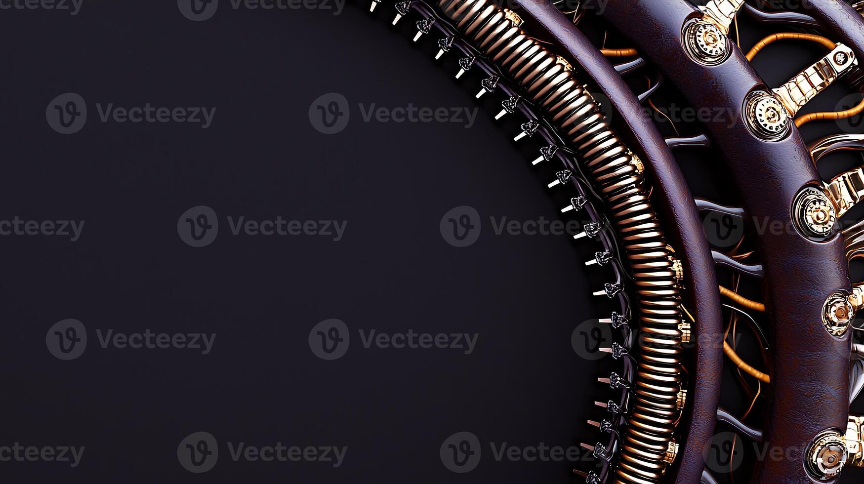 Intricate close-up of a decorative mechanical structure with metallic details against a dark background photo