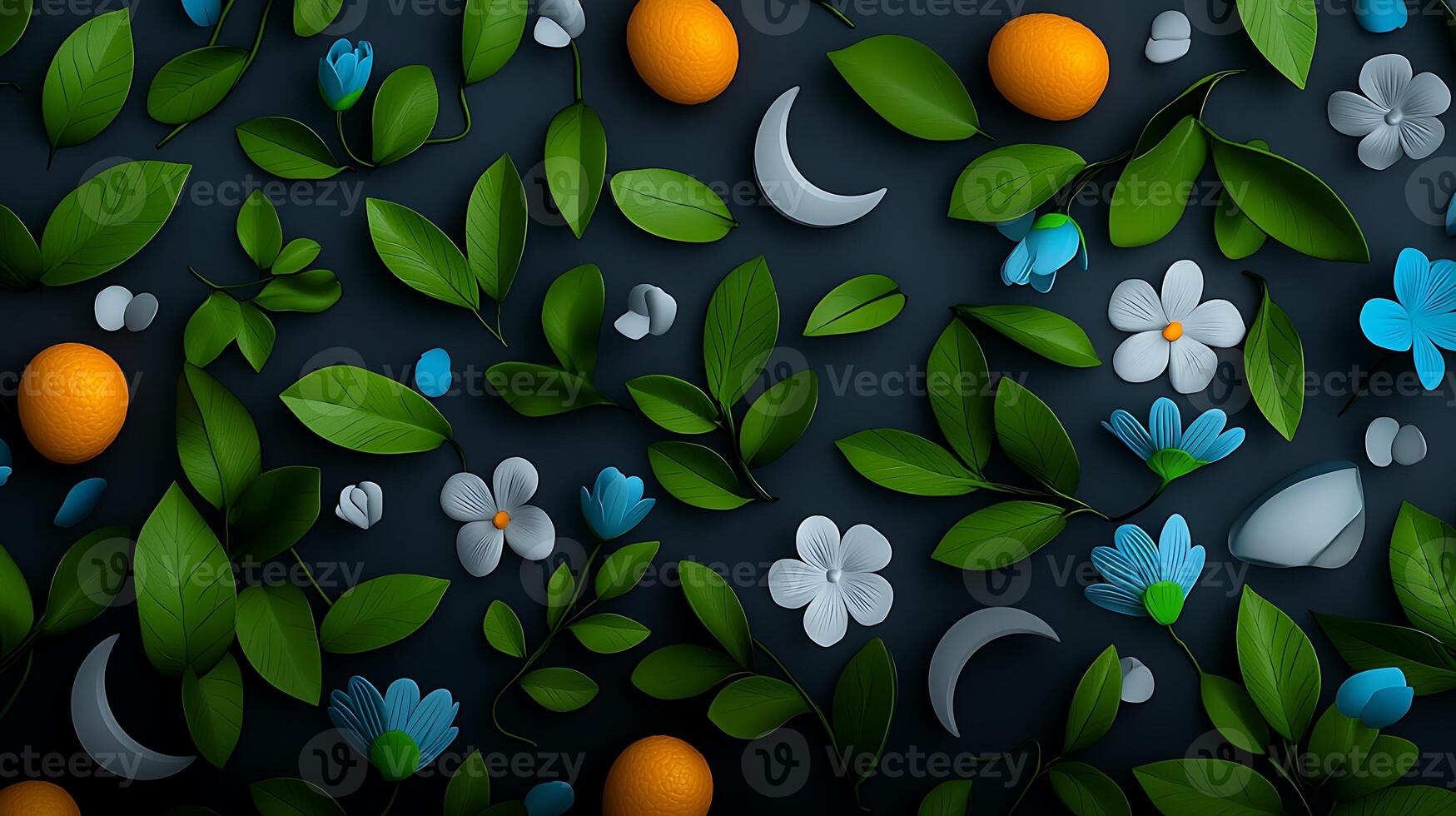 Vibrant floral and citrus pattern with leaves and flowers against a dark background for design use photo