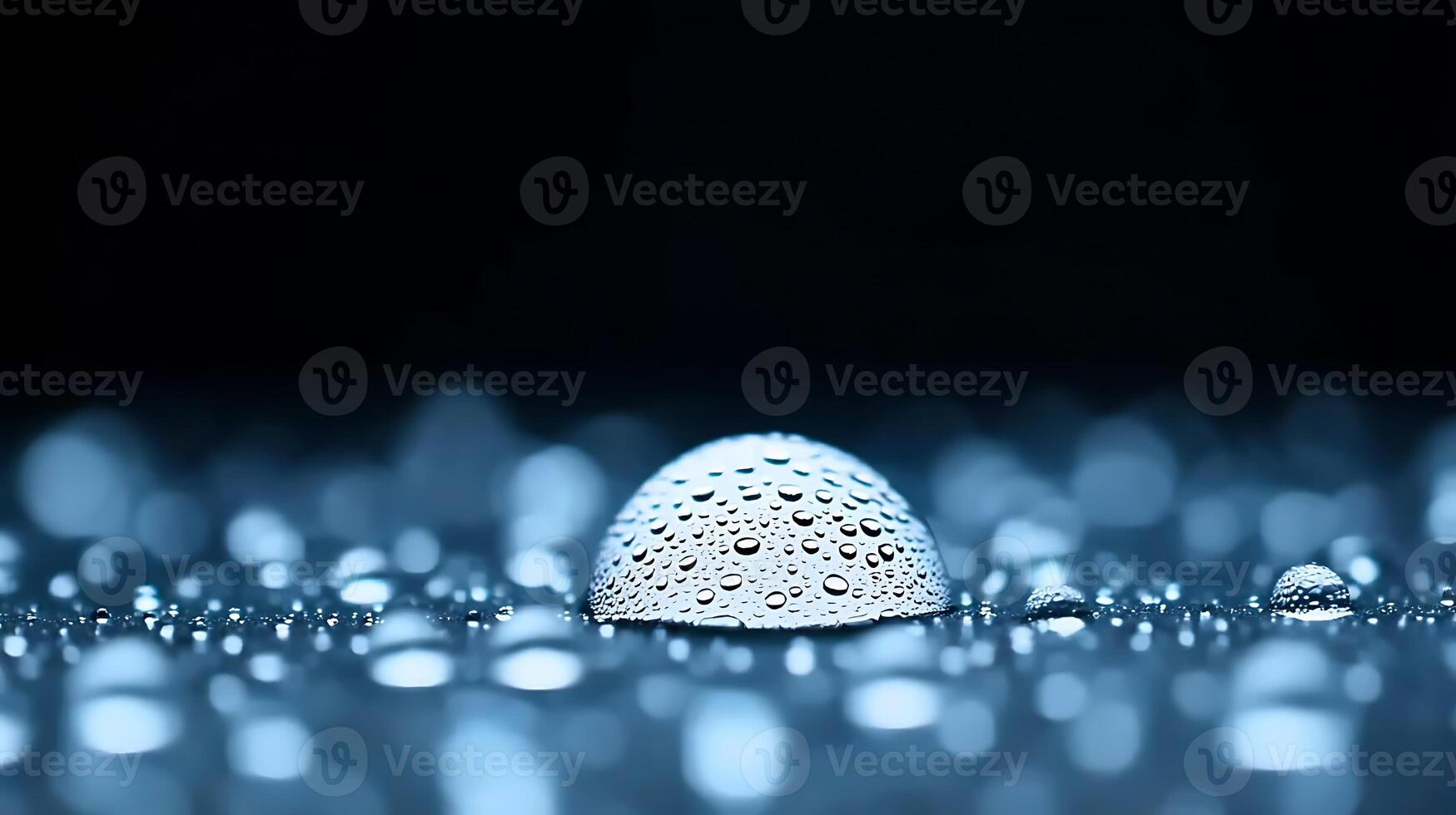 Close-up of water droplets on a smooth surface, creating a serene atmosphere with reflections photo