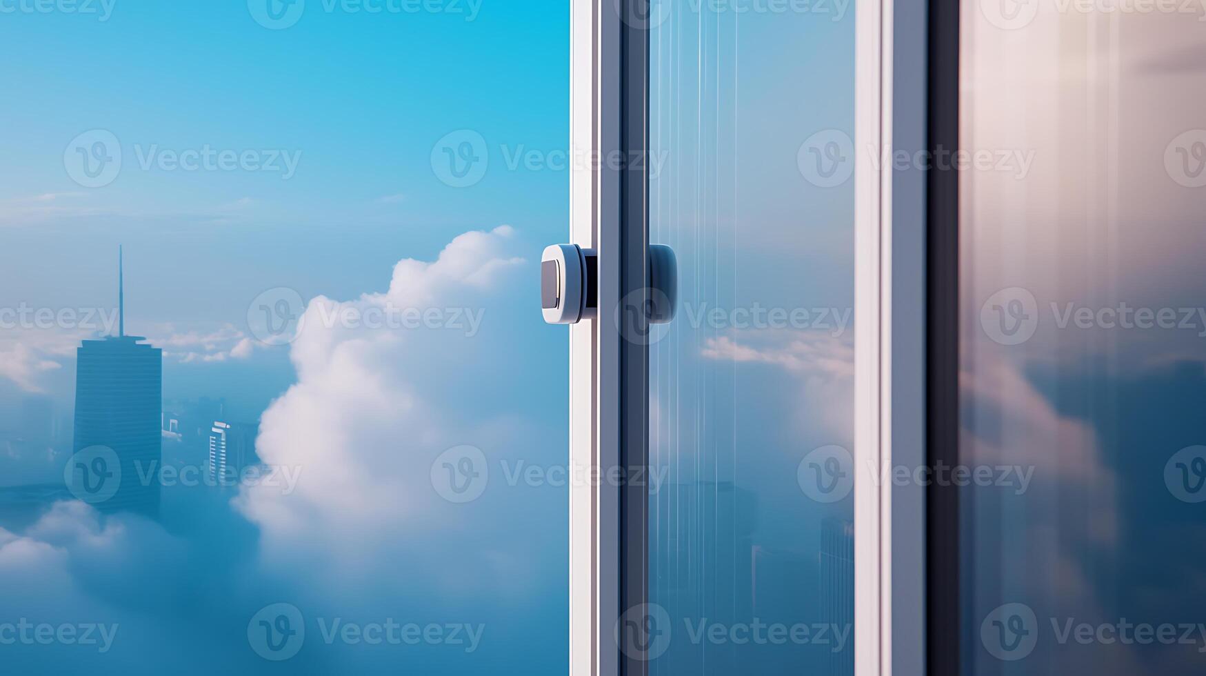 Modern glass building reflecting clouds and city skyline with a clear blue sky in the background photo