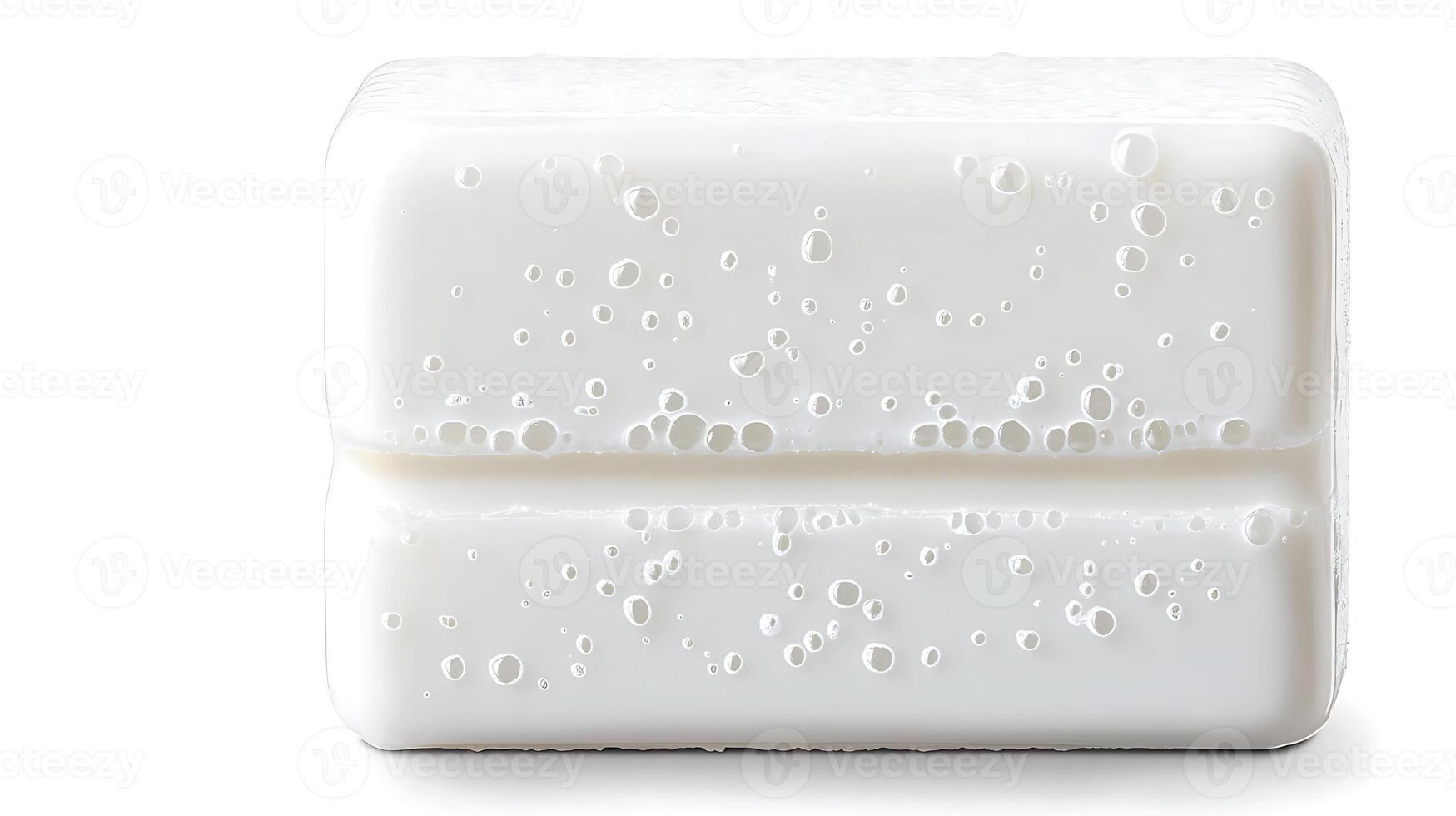 Close-up of a pristine white soap bar with bubbles, highlighting cleanliness and freshness photo
