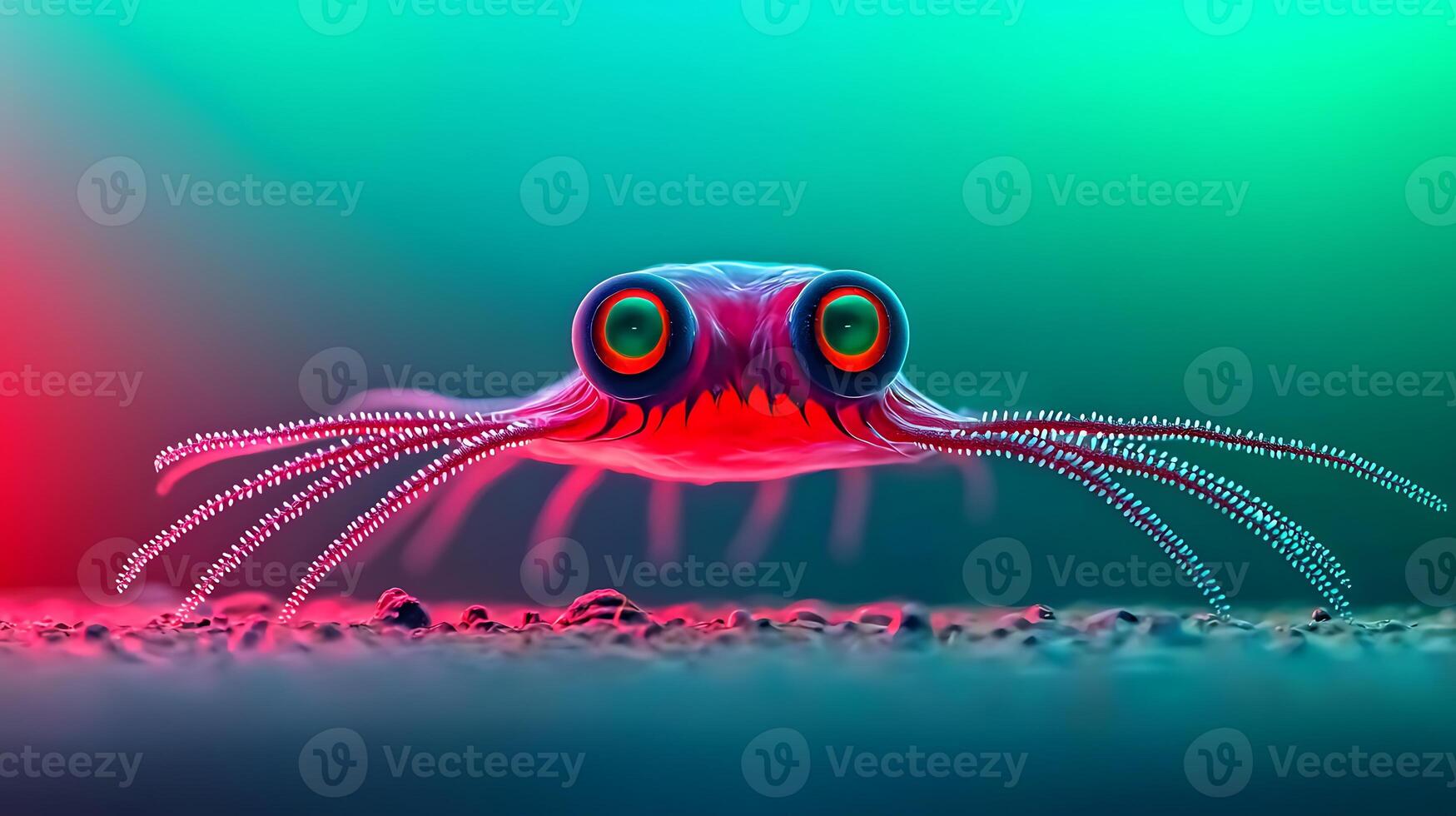 Vibrant close-up of a colorful squid with large eyes, set against a blurred neon background photo
