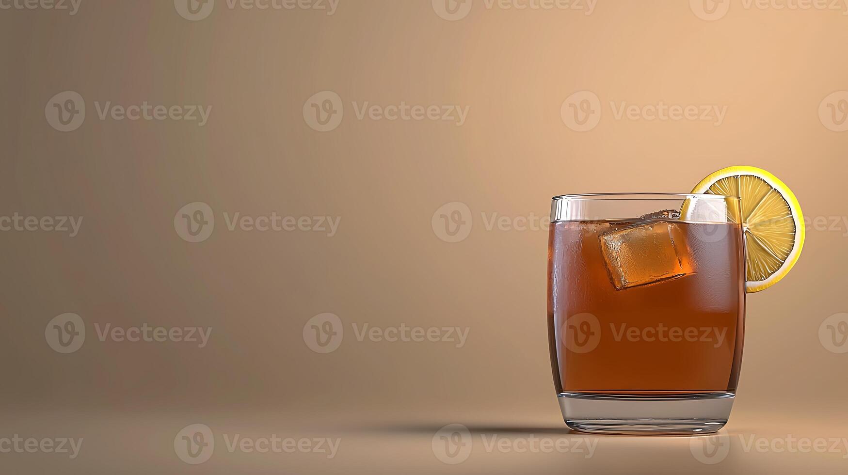 Refreshing iced tea with lemon slice and ice cubes in a glass against a soft gradient background photo
