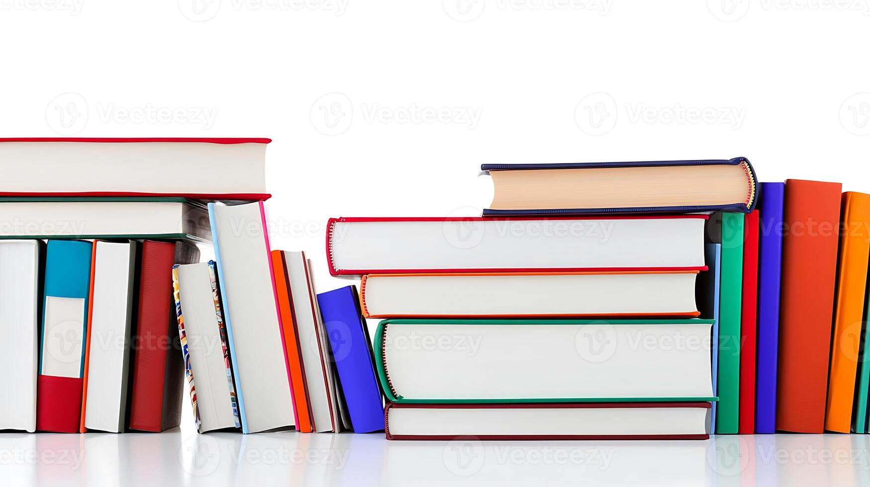 A colorful arrangement of books stacked and leaning against each other on a white background photo
